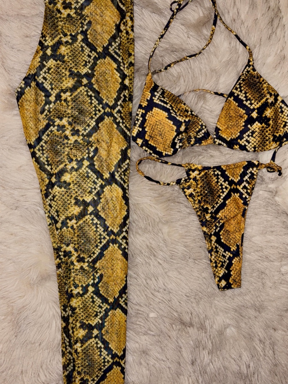 “Matte Collection” 3 piece Snake Print Yellow & Black Swim Set